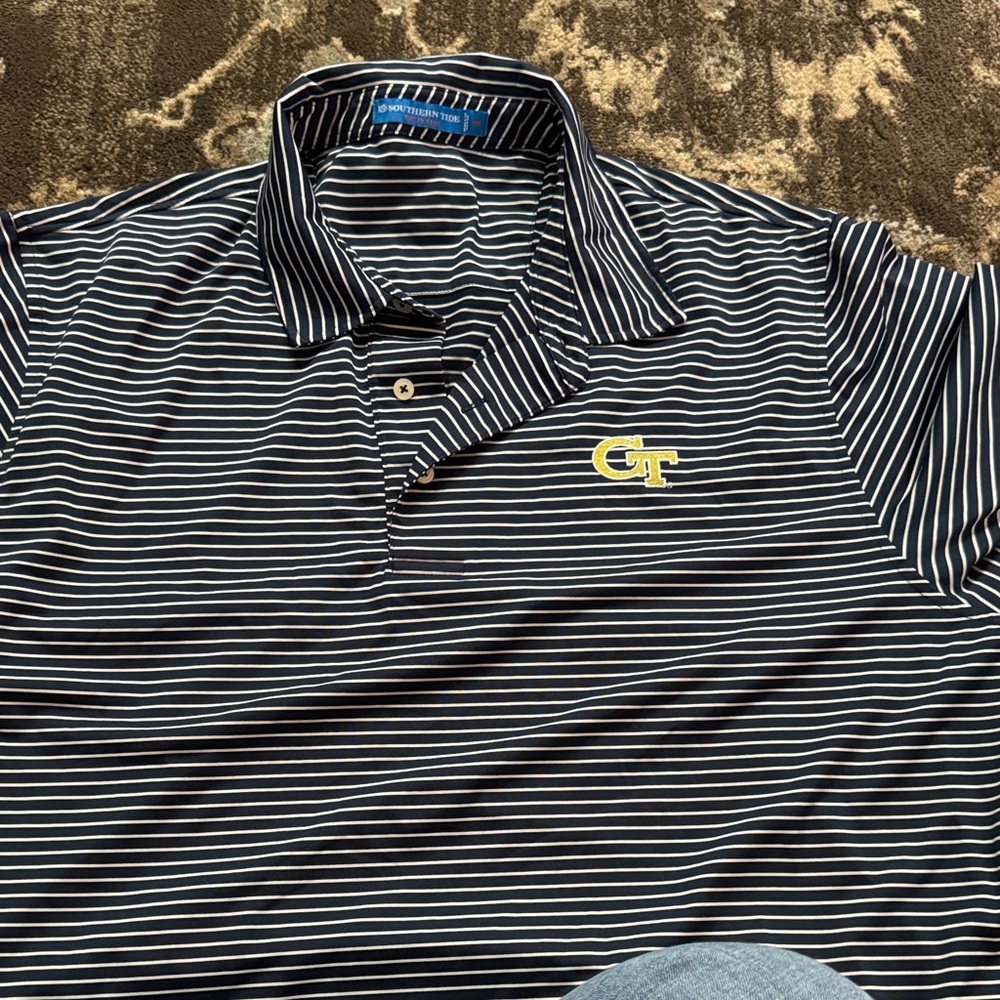 Southern Tide Navy and White Striped Polo